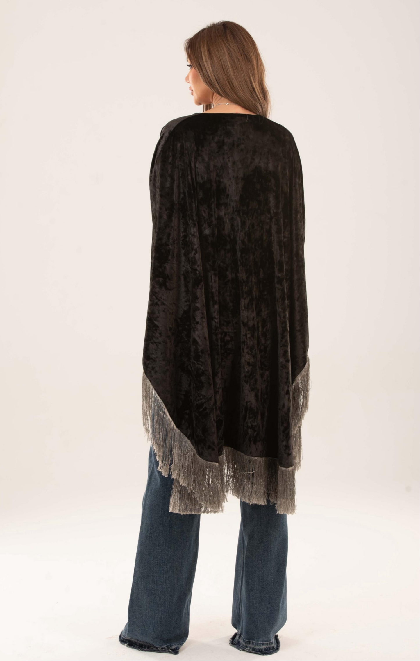 Velora Fringed velvet satin cape